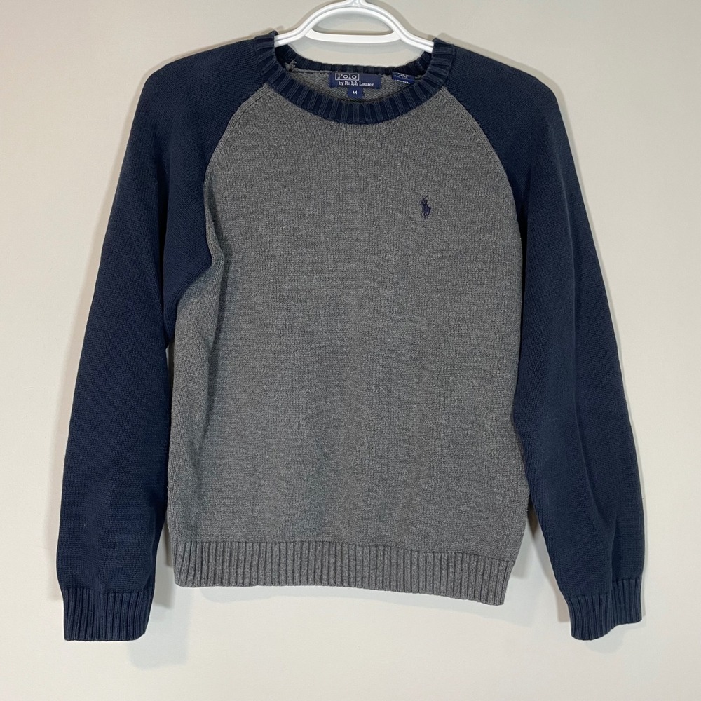 Polo Ralph Lauren‎ Boys Grey Navy Raglan Cotton Knit Sweater Size M 10/12 Preppy